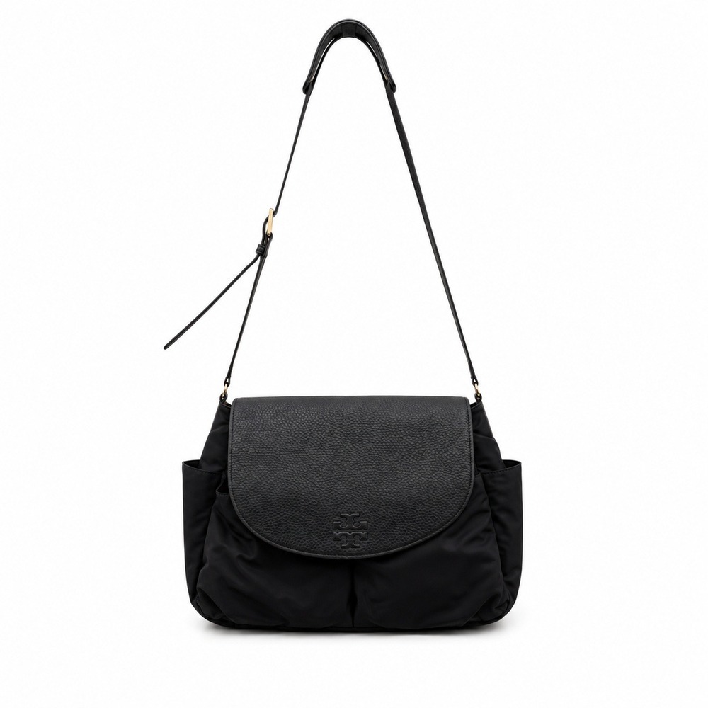 Tory Burch Thea Messenger Diaper Bag Black Nylon Leather Trim Changing Pad‎